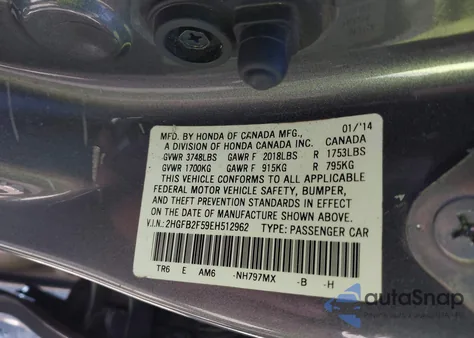 2014 Honda Civic Lx z USA, uszkodzony, nr VIN 2HGFB2F59EH512962